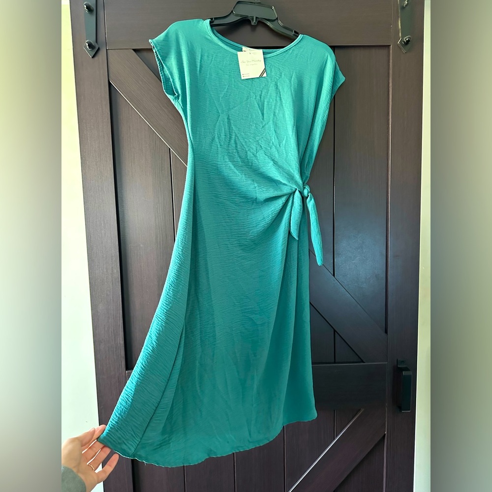 SEE YOU MONDAYCasual Teal Terry Knit Gathered Waist,Tie Side Pullover Midi Dress